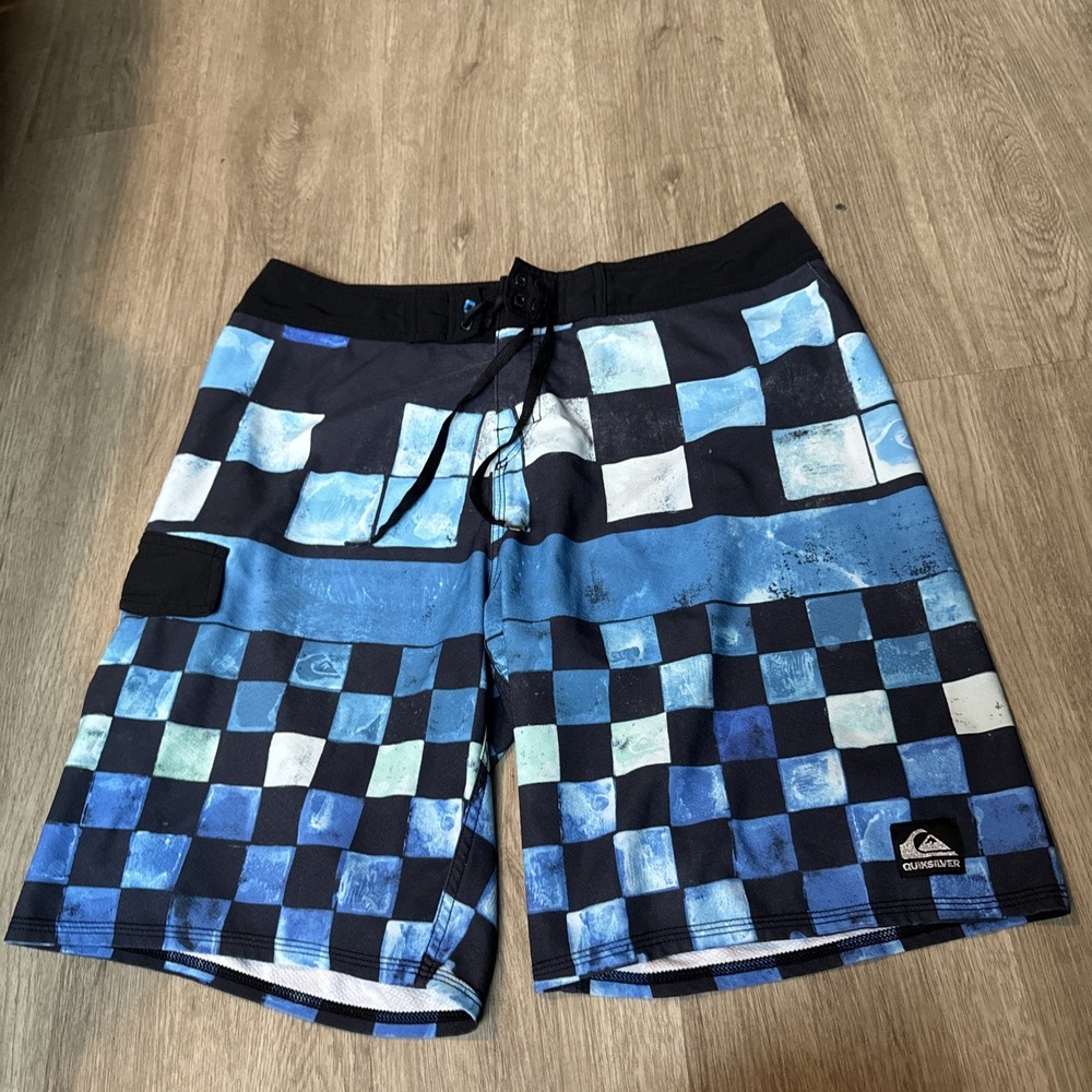 VTG Y2K Quiksilver Mens Swim Surf Board Shorts Checkered Logo Blue Drawstring 38